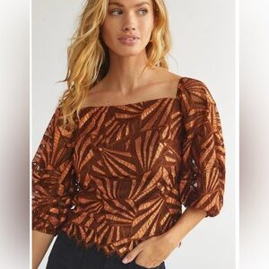 NWT Anthropologie Eva Franco Shine Copper Lace Puff Sleeve Blouse